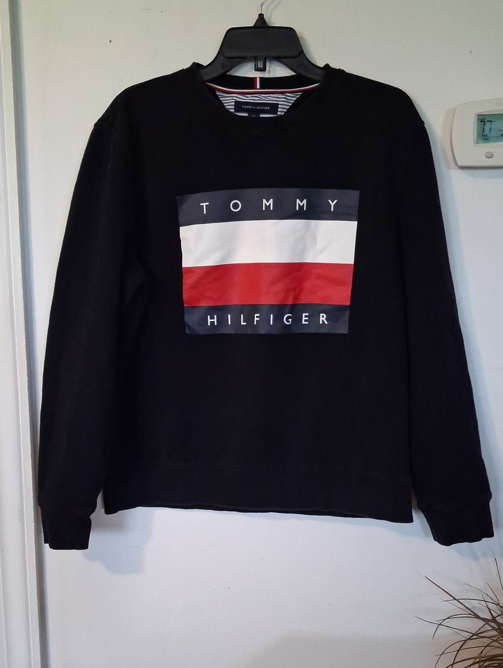 Tommy Hilfiger Black Crewneck Sweatshirt with Red, White & Navy Flag